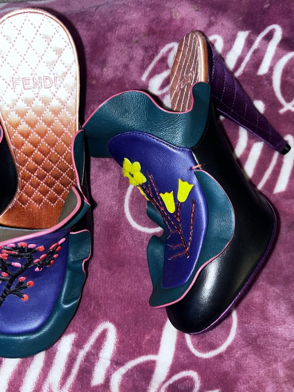 Fendi Green & Purple Floral Embroidered Leather Mules - Picture 2 of 14
